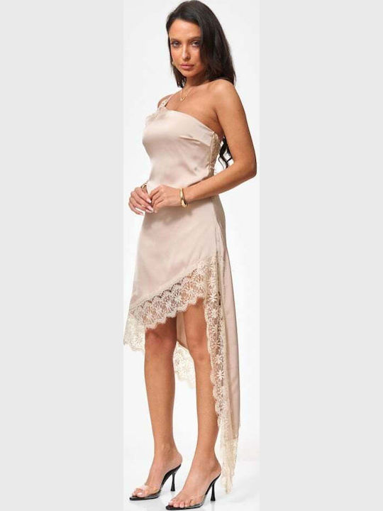 Mini Evening Satin Dress with Lace Beige