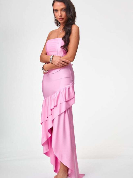 Sommer Maxi Abendkleid Trägerlos mit Rüschen Rosa