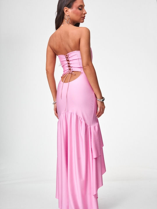 Sommer Maxi Abendkleid Trägerlos mit Rüschen Rosa