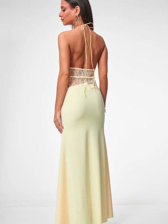Summer Maxi Evening Dress Open Back with Lace Yellow