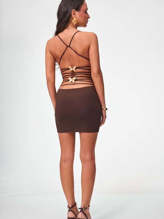 Summer Mini Evening Dress with Open Back Dark Brown