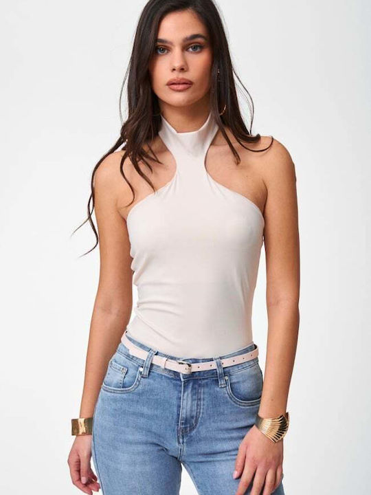Women's Sleeveless Top with Tie at Neck Beige