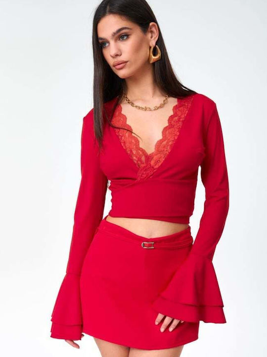 Women's Crop Top with Lace Red