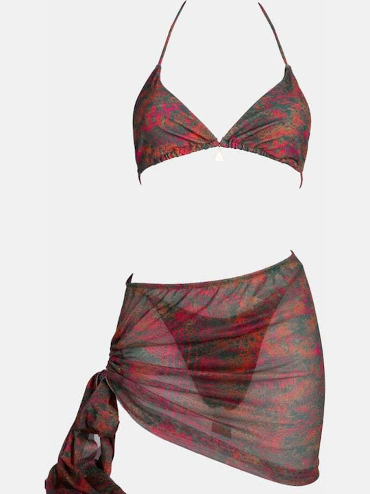 Set Bikini 3 Τεμαχίων Τριγωνάκι Animal Print Ματζεντα