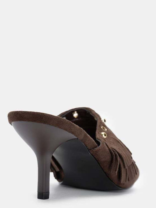 Suede Mules with Heel in Brown Color