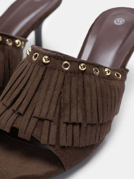 Suede Mules with Heel in Brown Color
