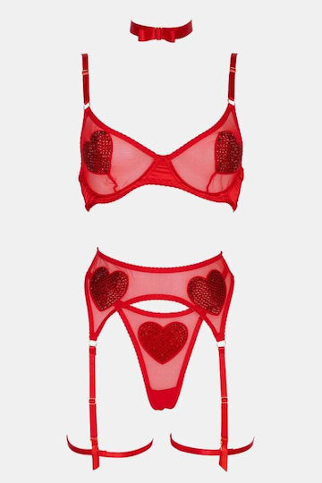 Set Εσώρουχα See Through Στρας & Ζαρτιέρες Κοκκινο