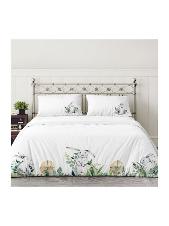 Lenjerii Deosebite Set Huse Pentru Pilote 100% Bumbac 200x220cm Dublu Cu 2 Fețe De Pernă & 1 Cearceaf Gizmo White With Green Leaves