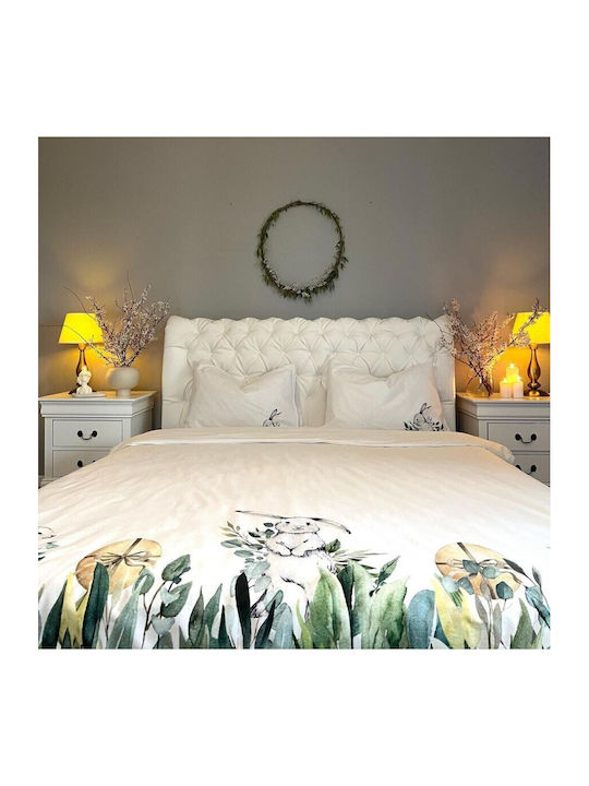 Lenjerii Deosebite Set Huse Pentru Pilote 100% Bumbac 200x220cm Dublu Cu 2 Fețe De Pernă & 1 Cearceaf Gizmo White With Green Leaves