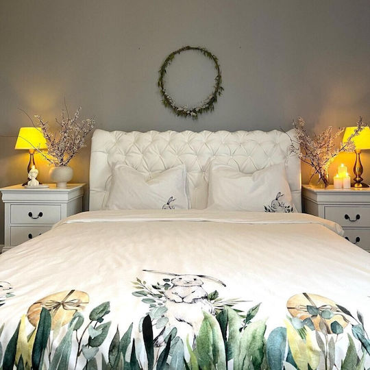 Lenjerii Deosebite Set Huse Pentru Pilote 100% Bumbac 200x220cm Dublu Cu 2 Fețe De Pernă & 1 Cearceaf Gizmo White With Green Leaves