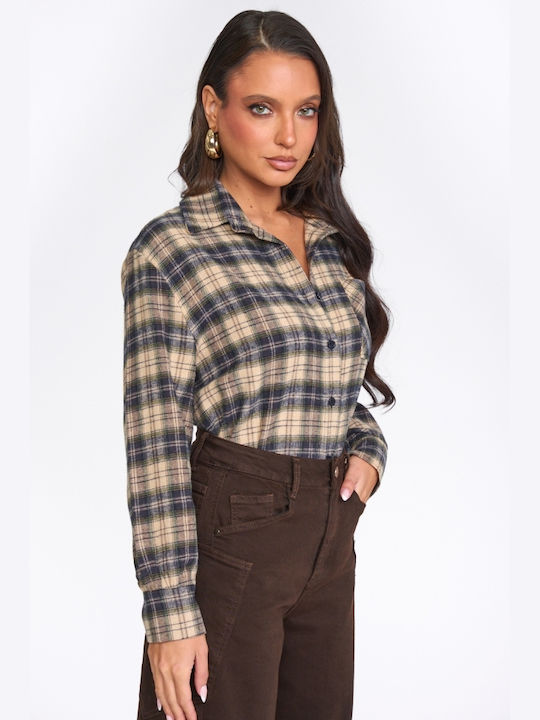 Long Sleeve Women's Shirt Navy Blue Checked