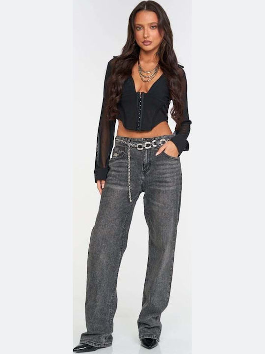 Women's Jean Pants with Rips in Wide Leg Style Gray