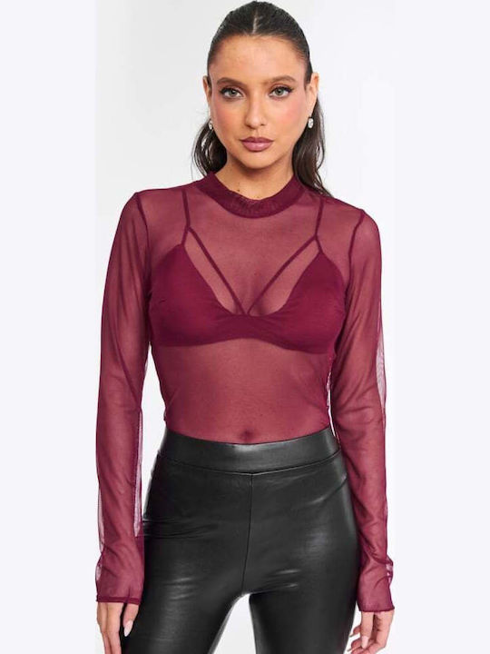 Damen-Bodysuit Mit Transparenz Mit Verstärkung Burgundisch