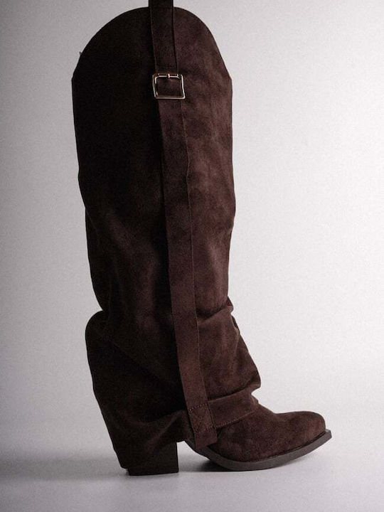 Suede Γυναικείες Μπότες Cowboy Καφέ
