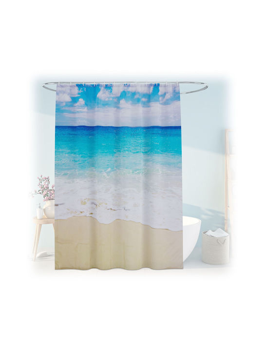 Relaxdays Duschvorhang Stoff 200x180cm Beige/Weiß/Hellblau