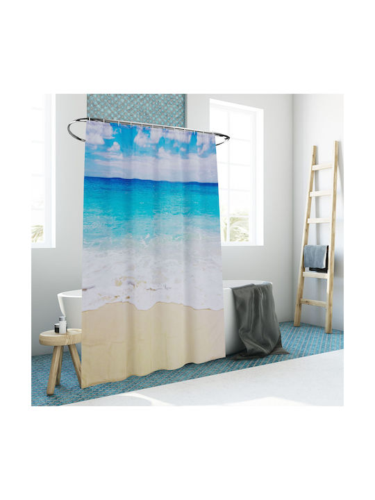 Relaxdays Duschvorhang Stoff 200x180cm Beige/Weiß/Hellblau