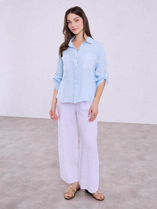 Celestino Women's Linen Shirt Sequins Loose Fit Light Blue