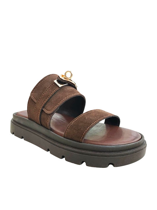 Leather Women's Flat Sandals Flatforms Brown