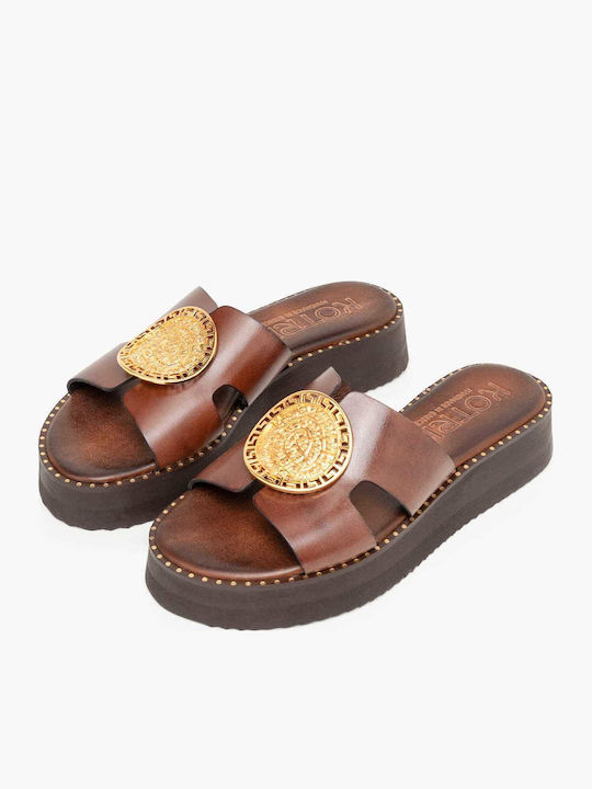 Leather Women's Flat Sandals Flatforms Brown