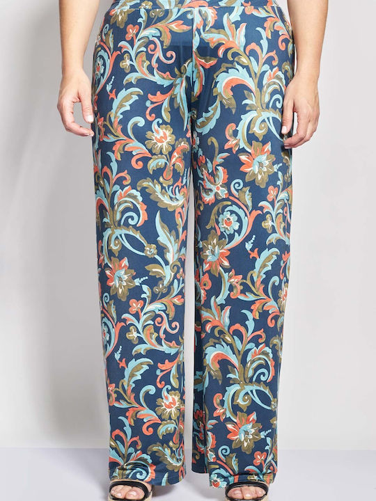Pantaloni Largi Dama Cu Cauciuc Model Floral Albastru