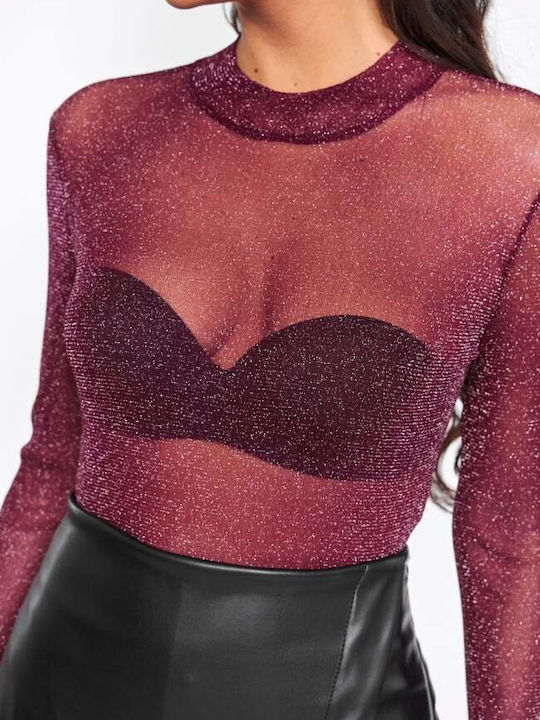 Shiny See Through Burgundy Women's Bodysuit
