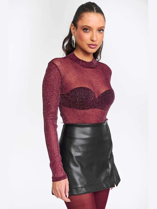 Shiny See Through Burgundy Women's Bodysuit