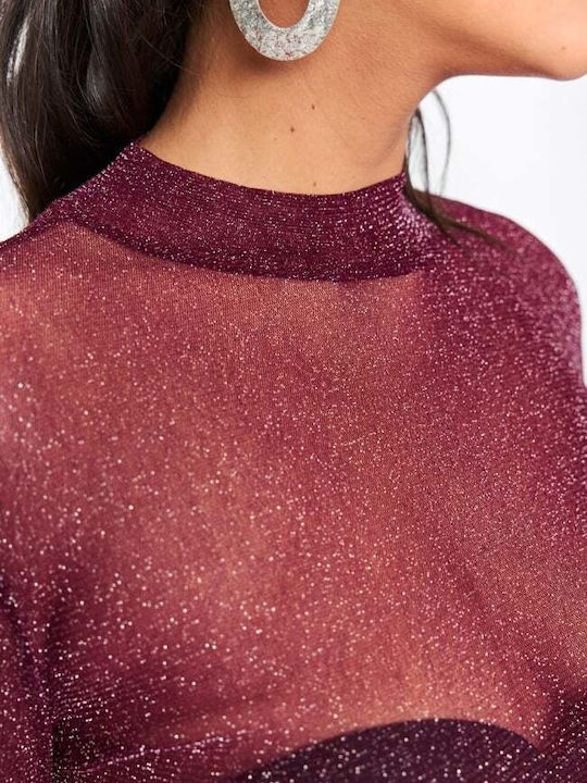 Shiny See Through Burgundy Women's Bodysuit