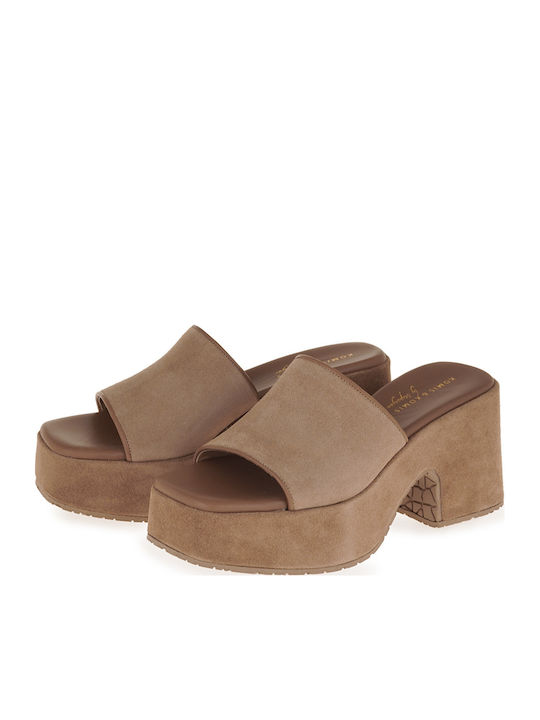 Leather Mules with Heel in Beige Colour