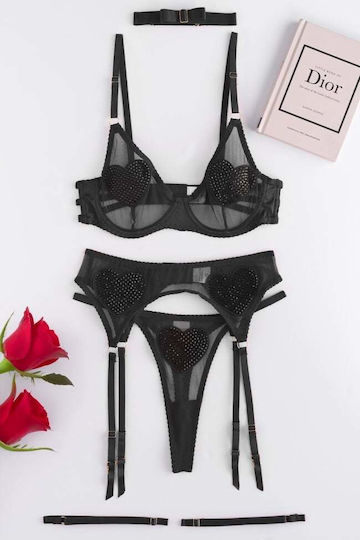 Set Underwear See Through Straps & Garters Black