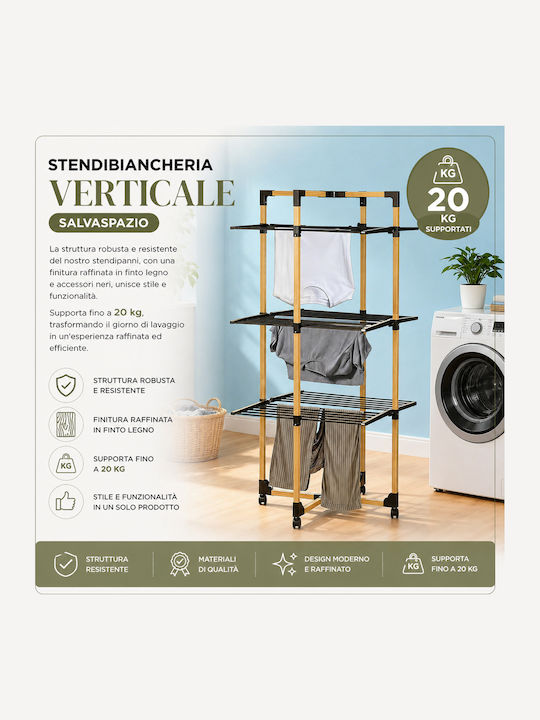 Bakaji Folding Vertical Clothes Drying Rack 3 Levels 69x136x69 cm Wheels 02002248