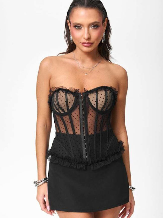 Women's Blouse Corset Top Strapless Polka Dot Black