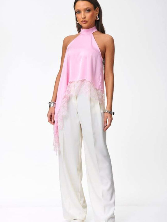 Damenbluse Satin Ärmellos Mit Bindung am Ausschnitt Rosa