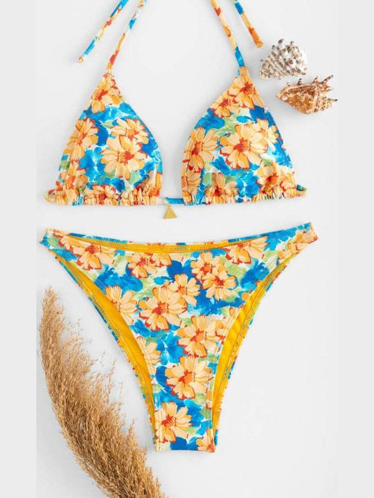 Set Bikini 3 Pieces Triangle Floral Blue
