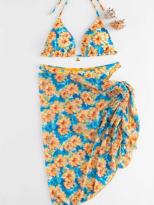 Set Bikini 3 Pieces Triangle Floral Blue