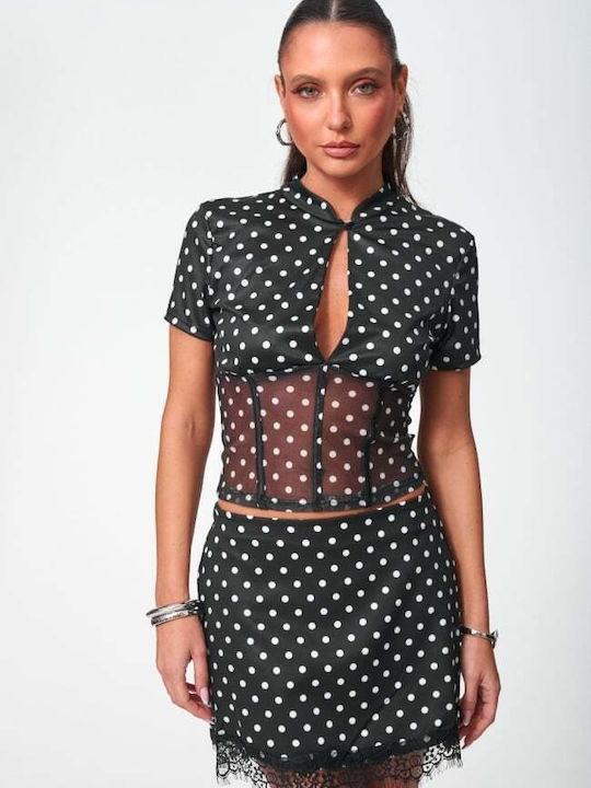 Women's Blouse with Mesh Polka Dot Black