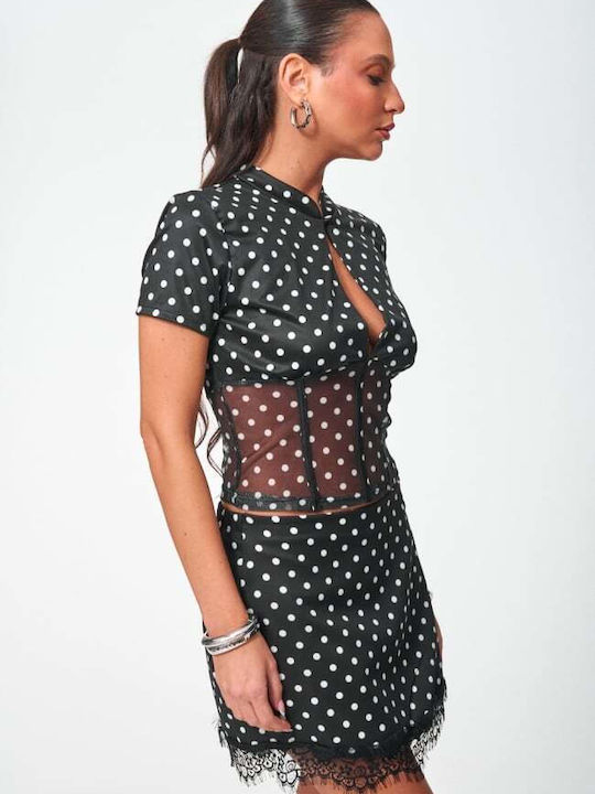 Women's Blouse with Mesh Polka Dot Black