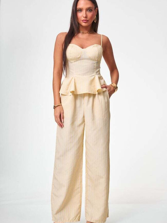 Damen Gelbes Set mit gestreiften Hosen
