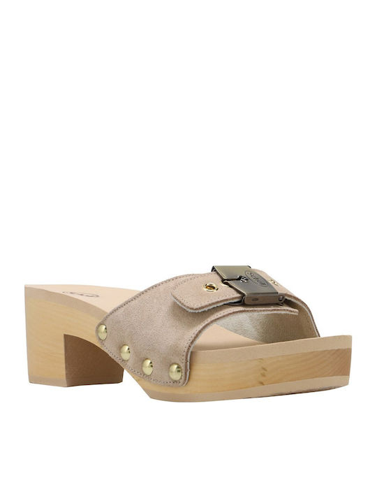 Pescura Suede Mules με Χοντρό Ψηλό Τακούνι σε Μπεζ Χρώμα