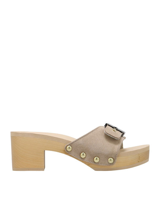 Pescura Suede Mules με Χοντρό Ψηλό Τακούνι σε Μπεζ Χρώμα