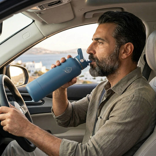 Cool'NMore Stainless Steel Thermos Bottle BPA Free 1.2lt Denim with Mouthpiece Loop Straw and Handle