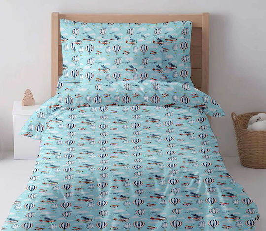 Astron Italy Kids Sheets Single with Elastic Band Plane and Balloon Blue 100x200cm