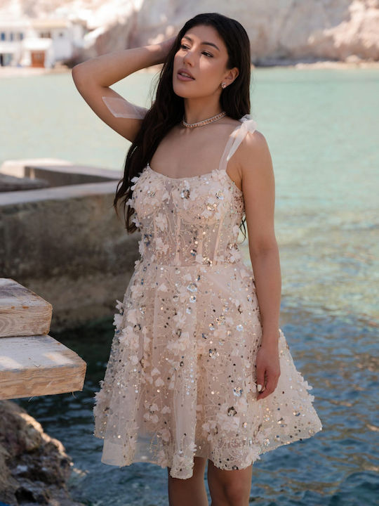 Mini Evening Dress with Tulle and Mesh Beige