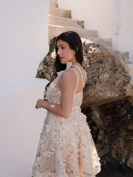 Mini Evening Dress with Tulle and Mesh Beige