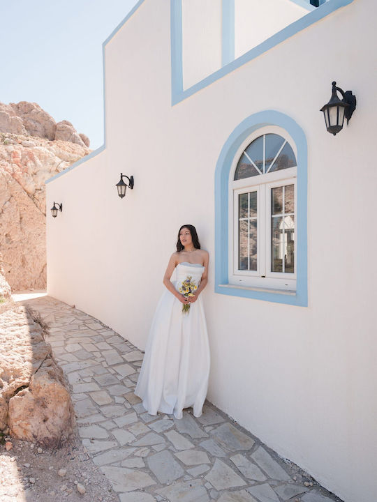 Καλοκαιρινό Maxi Φόρεμα για Γάμο / Βάπτιση Strapless Σατέν Λευκό