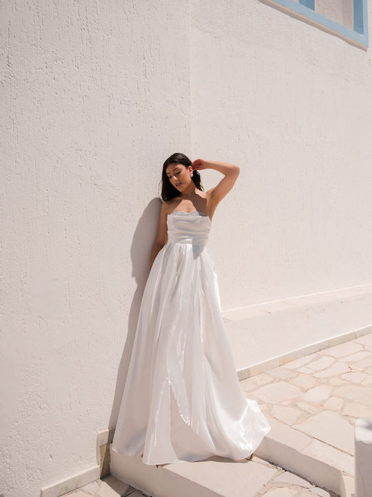 Καλοκαιρινό Maxi Φόρεμα για Γάμο / Βάπτιση Strapless Σατέν Λευκό