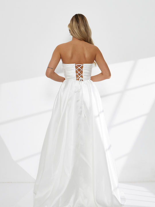 Καλοκαιρινό Maxi Φόρεμα για Γάμο / Βάπτιση Strapless Σατέν Λευκό