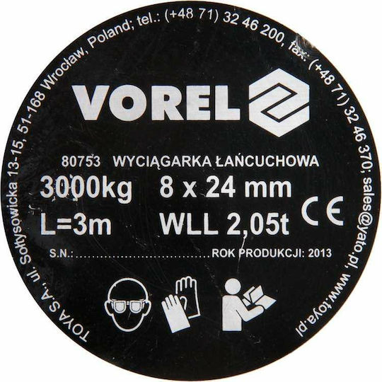 Vorel Chain Hoist for Weight Load up to 3t Yellow