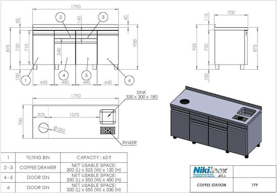 Niki Inox Подготвителен шкаф с отварящи се врати и чекмеджета 179x70x93.5см