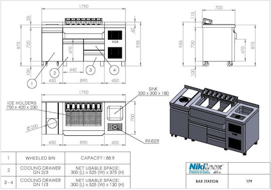 Niki Inox Commercial Preparation Cabinet 179x70x88cm