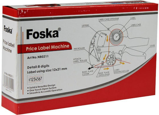 Foska Μηχανικός Ετικετογράφος Χειρός Μονός σε Κόκκινο Χρώμα 8 Χαρακτήρων 12x21mm